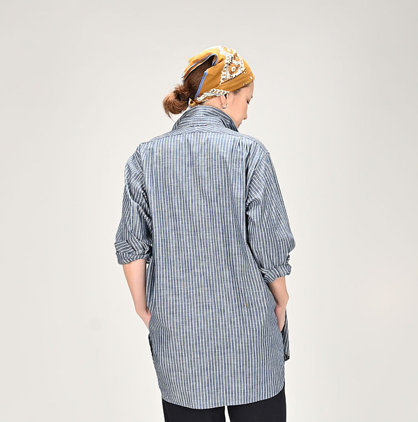 Dungaree Stripe 908 Grandpa Pull Shirt Female Model