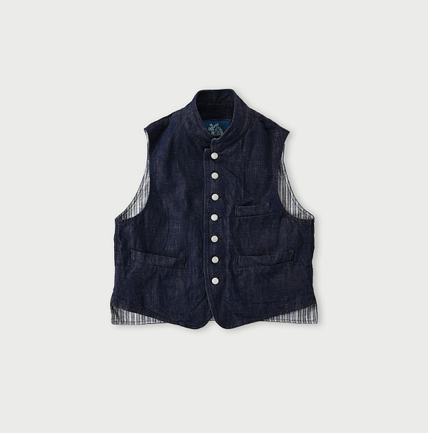 Indigo Futatabi 6.5 Sumi Ai 908 Stand Collar Vest Nou