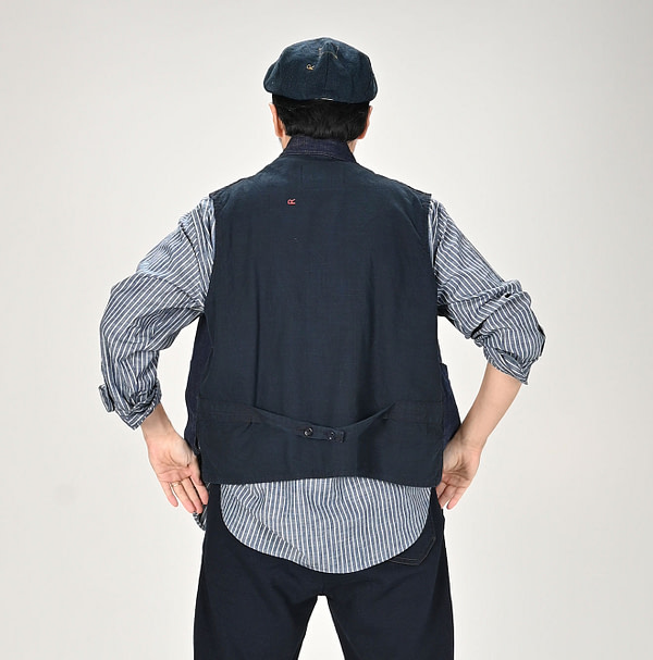 Indigo Futatabi 6.5 Sumi Ai 908 Stand Collar Vest Nou Male Model