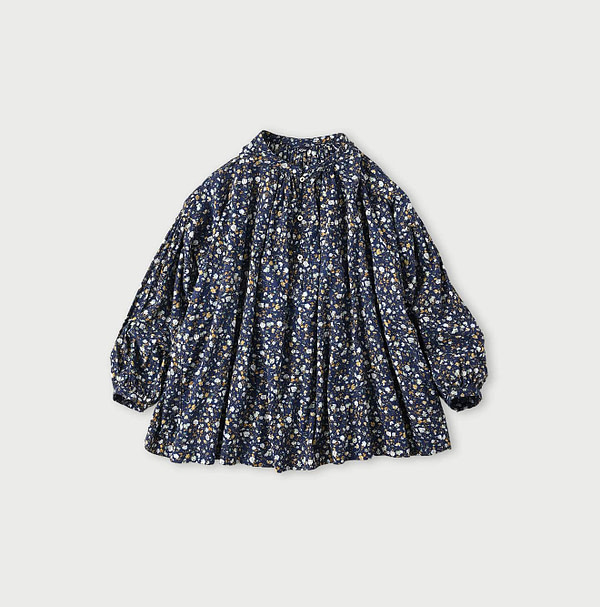 Indian Khadi Flower Print Smock Blouse Navy