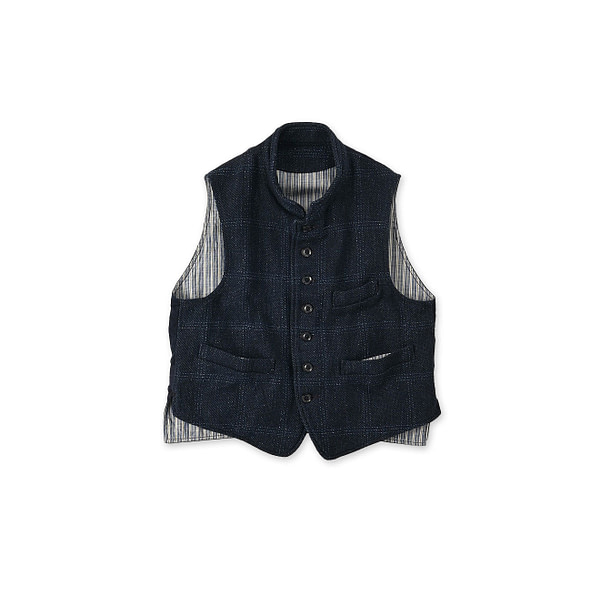 Indigo Cotton Tweed 908 Stand Vest Indigo Check