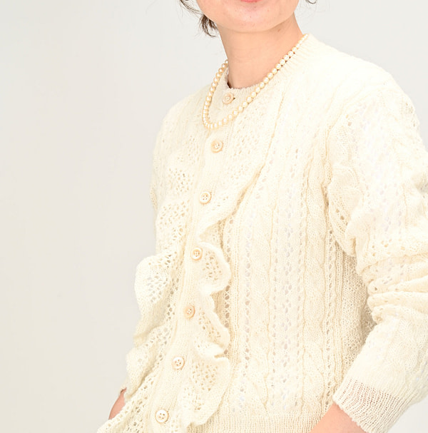 Shetland Cable Lace Frill Cardigan Female Model