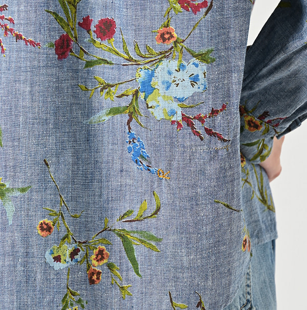 Indian Khadi Dungaree Next to Spring Print Ocean Tuck Blouse Detail