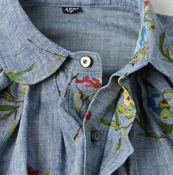 Indian Khadi Dungaree Next to Spring Print Ocean Tuck Blouse Detail