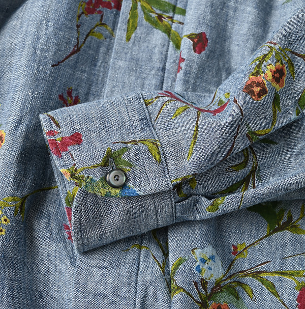 Indian Khadi Dungaree Next to Spring Print Ocean Tuck Blouse Detail