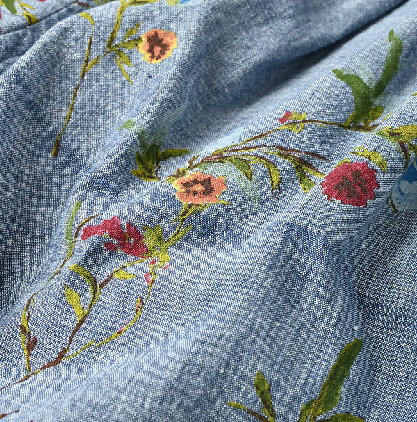 Indian Khadi Dungaree Next to Spring Print Ocean Tuck Blouse Detail