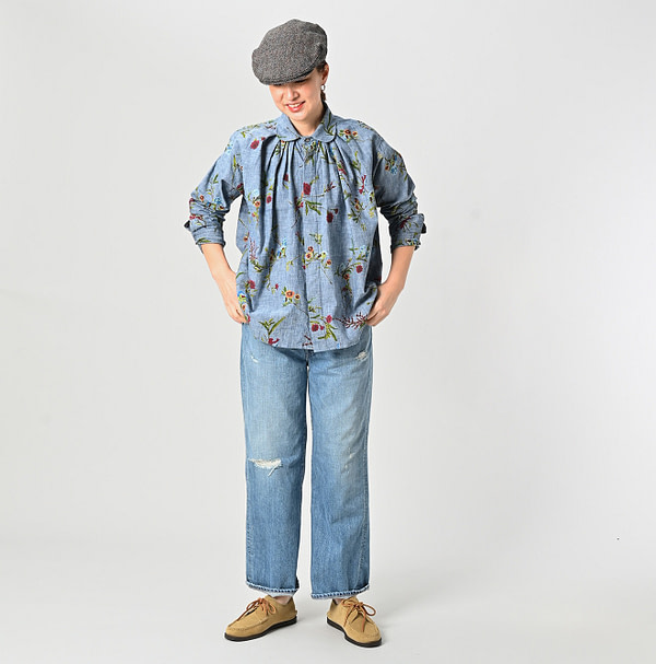 Indian Khadi Dungaree Next to Spring Print Ocean Tuck Blouse Female Model