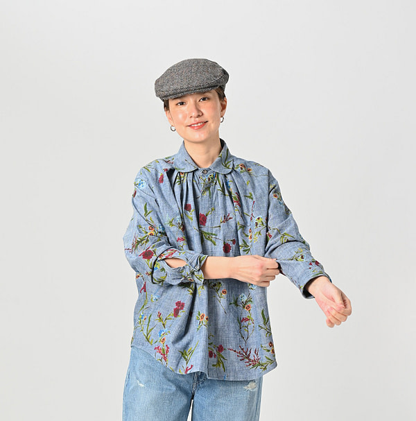 Indian Khadi Dungaree Next to Spring Print Ocean Tuck Blouse Female Model