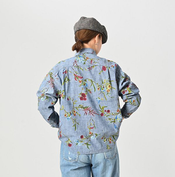 Indian Khadi Dungaree Next to Spring Print Ocean Tuck Blouse Female Model