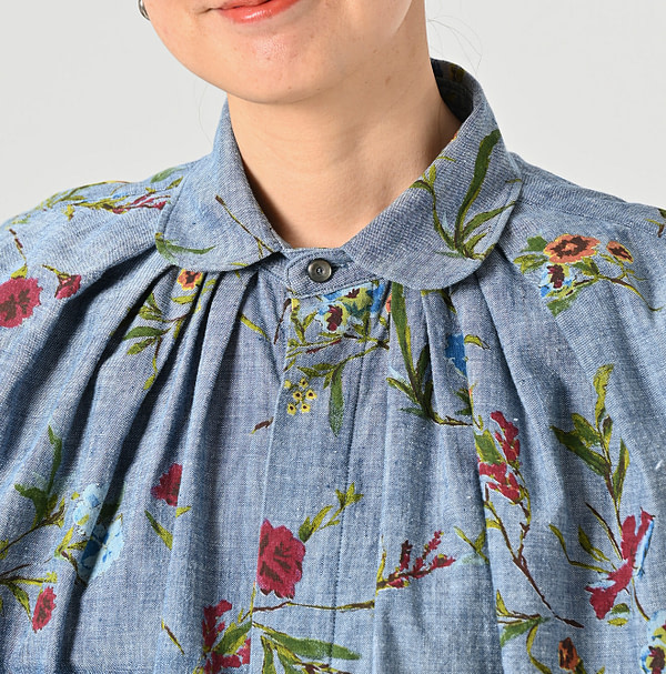 Indian Khadi Dungaree Next to Spring Print Ocean Tuck Blouse Detail