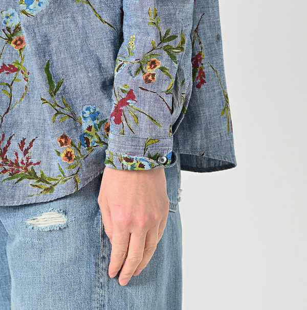 Indian Khadi Dungaree Next to Spring Print Ocean Tuck Blouse Detail