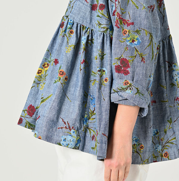Indian Khadi Dungaree Next to Spring Print Gathered Blouse Detail