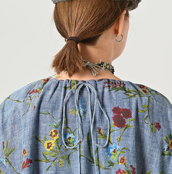 Indian Khadi Dungaree Next to Spring Print Gathered Blouse Detail