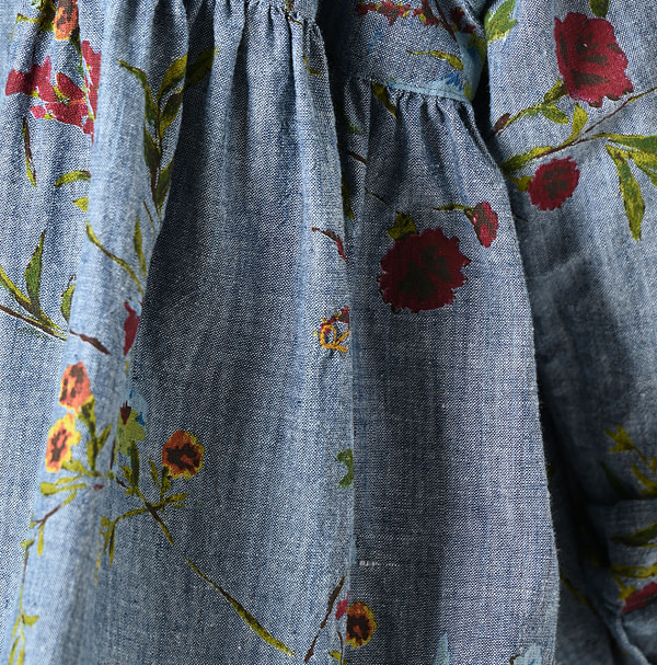 Indian Khadi Dungaree Next to Spring Print Gathered Blouse Detail