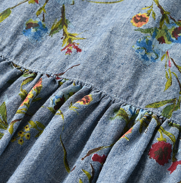 Indian Khadi Dungaree Next to Spring Print Gathered Blouse Detail