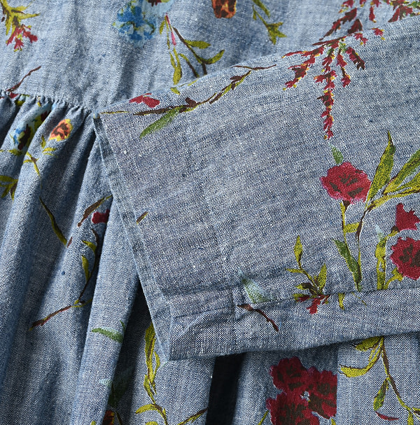 Indian Khadi Dungaree Next to Spring Print Gathered Blouse Detail
