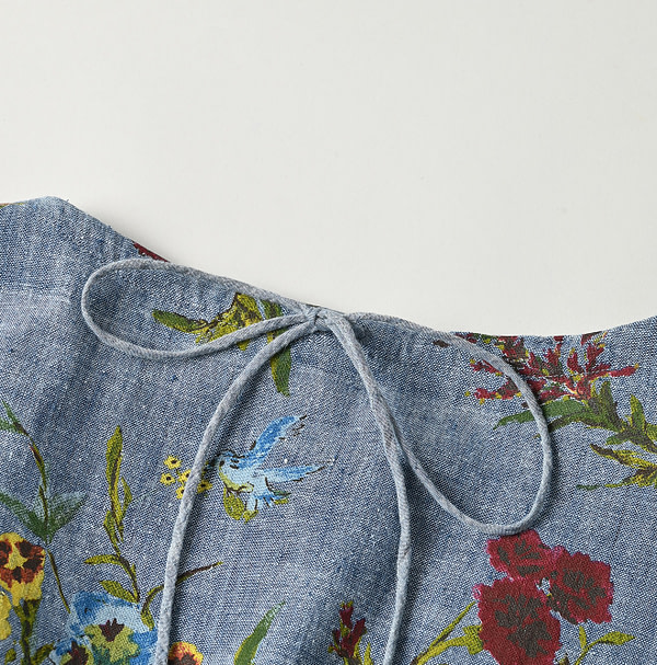 Indian Khadi Dungaree Next to Spring Print Gathered Blouse Detail