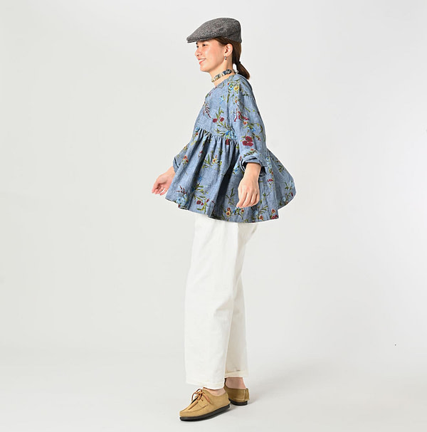 Indian Khadi Dungaree Next to Spring Print Gathered Blouse Female Model