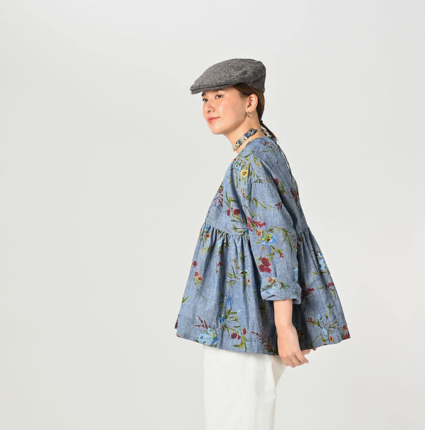 Indian Khadi Dungaree Next to Spring Print Gathered Blouse Female Model