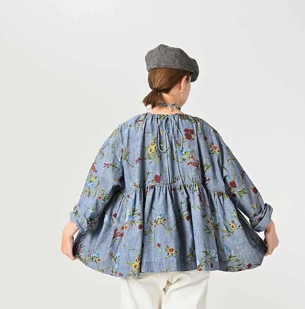 Indian Khadi Dungaree Next to Spring Print Gathered Blouse Female Model