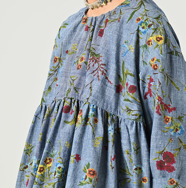 Indian Khadi Dungaree Next to Spring Print Gathered Blouse Detail
