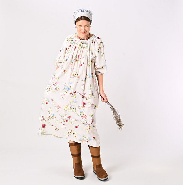 Indian Khadi Next to Spring Print Gathered Dress Female Model