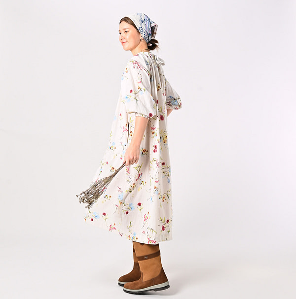 Indian Khadi Next to Spring Print Gathered Dress Female Model