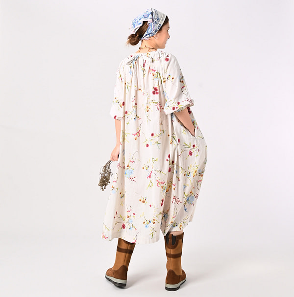Indian Khadi Next to Spring Print Gathered Dress Female Model
