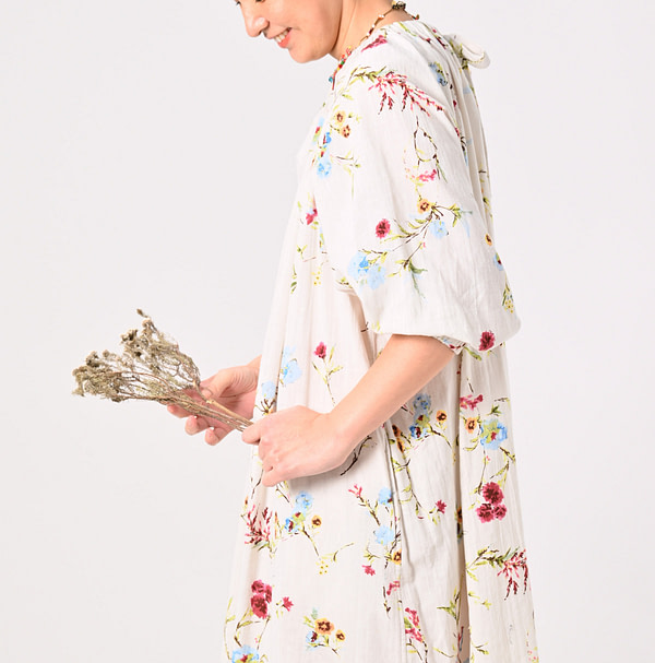 Indian Khadi Next to Spring Print Gathered Dress Detail