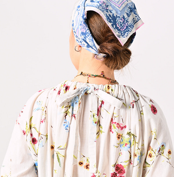 Indian Khadi Next to Spring Print Gathered Dress Detail