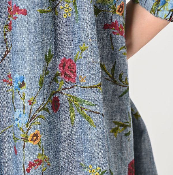 Indian Khadi Dungaree Next to Spring Print Gathered Dress Detail