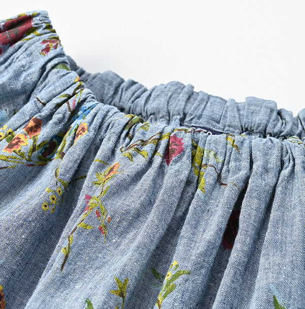 Indian Khadi Dungaree Next to Spring Print Gathered Dress Detail
