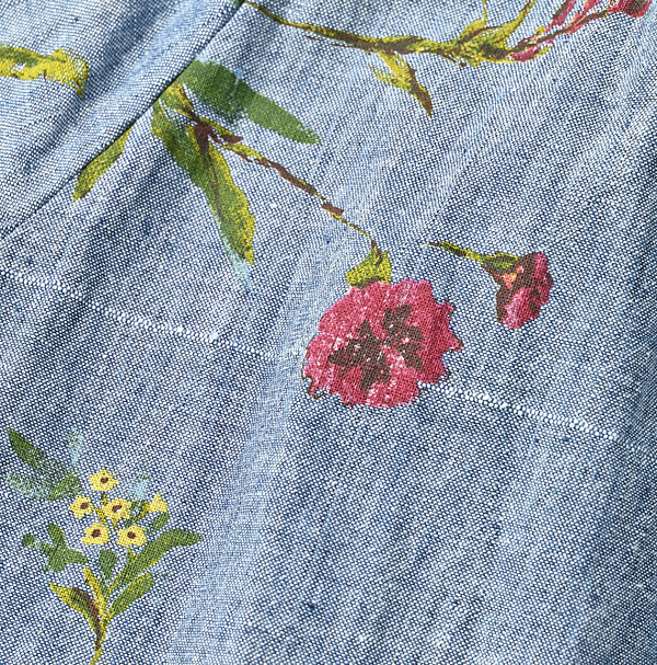 Indian Khadi Dungaree Next to Spring Print Gathered Dress Detail