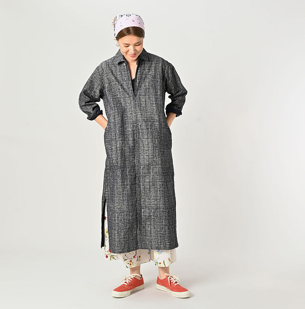 Indigo Basket Pattern Jacquard Dress Female Model