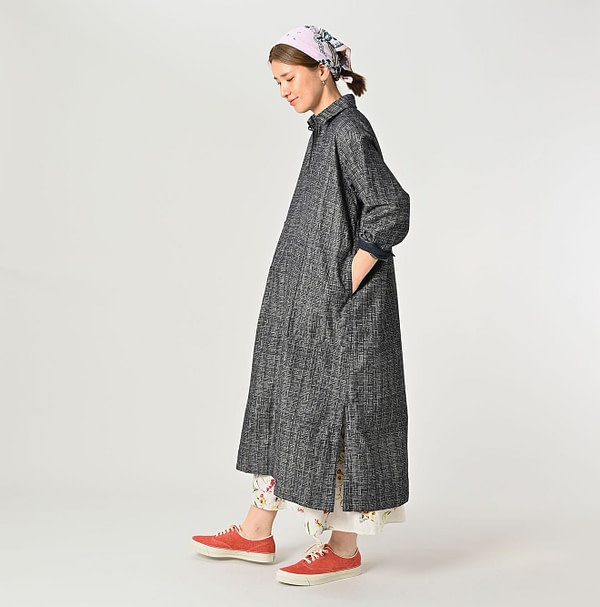Indigo Basket Pattern Jacquard Dress Female Model