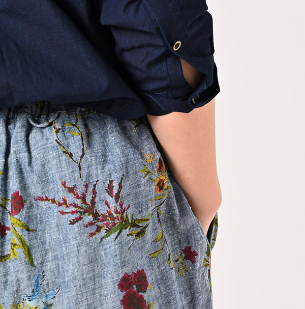 Indian Khadi Dungaree Next to Spring Print Rapper Pants Detail