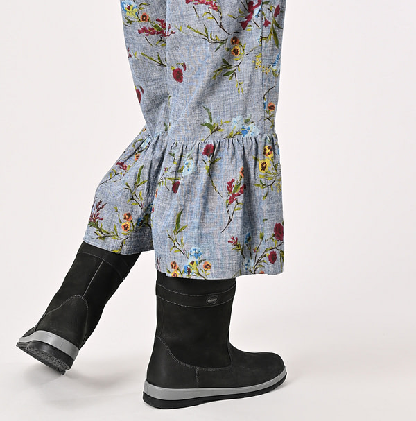Indian Khadi Dungaree Next to Spring Print Rapper Pants Detail