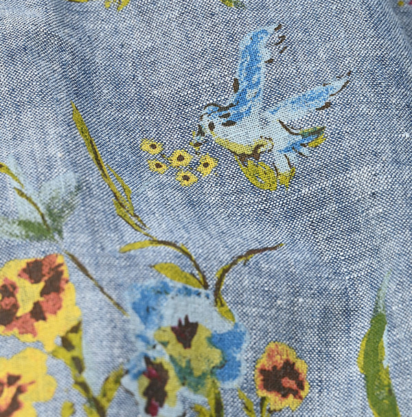 Indian Khadi Dungaree Next to Spring Print Rapper Pants Detail