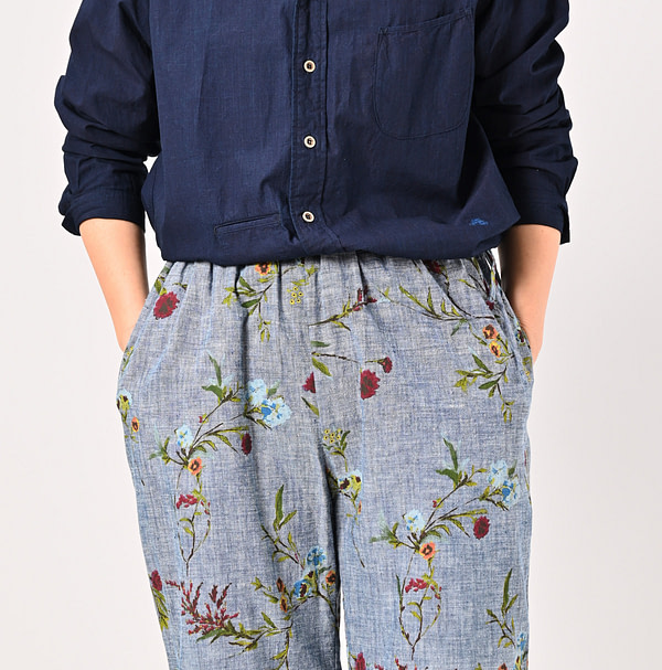 Indian Khadi Dungaree Next to Spring Print Rapper Pants Detail