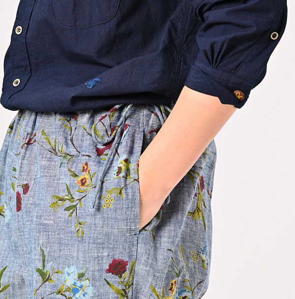Indian Khadi Dungaree Next to Spring Print Rapper Pants Detail