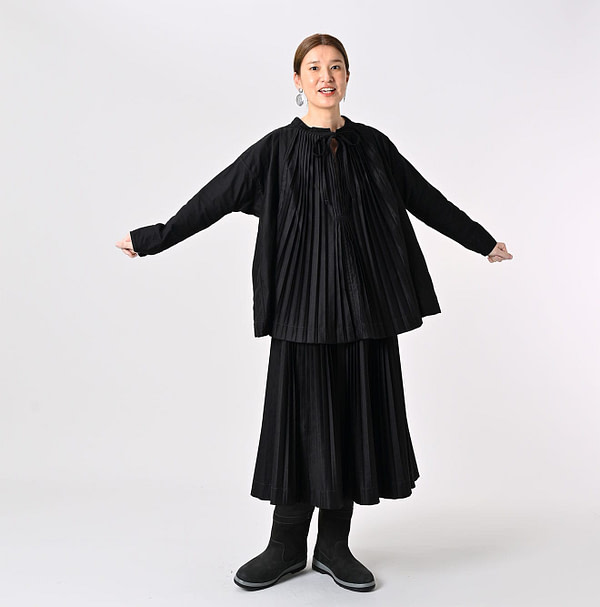Chestnut Satin Pleats Smock Blouse Female Model