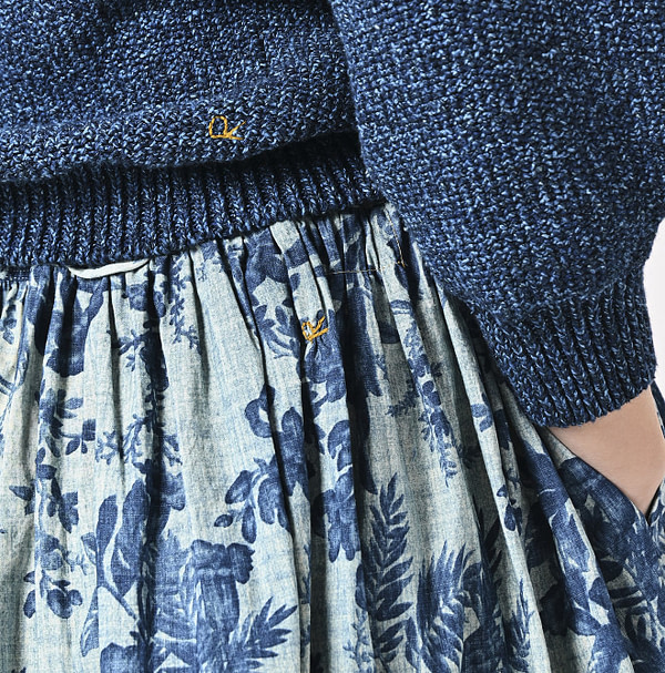 Indigo Hira Lapis Print Skirt Indigo Discharge Print Detail