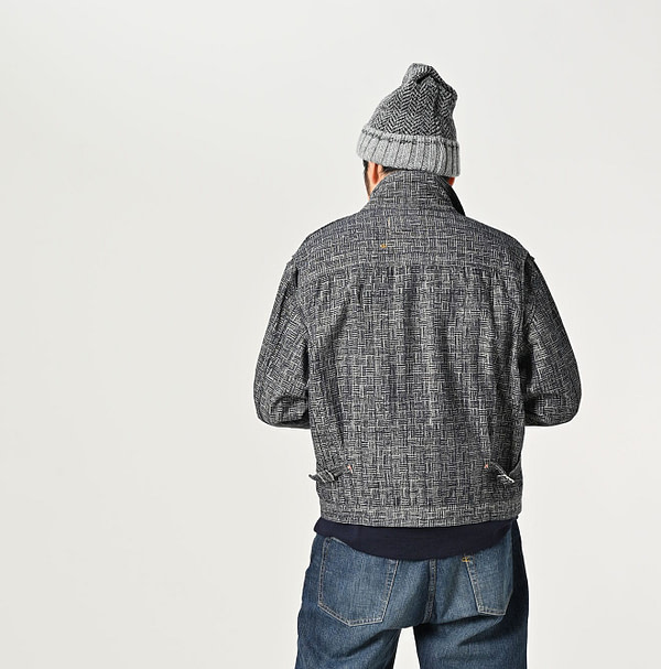 Dash Indigo 908 Basket Pattern Jacquard Thin Denim Jacket Male Model