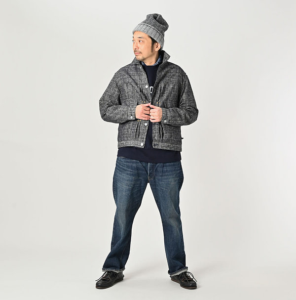 Dash Indigo 908 Basket Pattern Jacquard Thin Denim Jacket Male Model