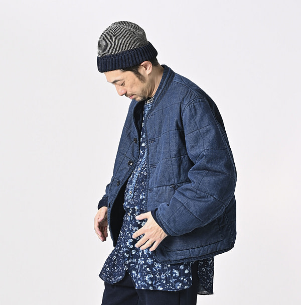Indigo Distressed 45 Petite Denim x Atsu Nylon Stand Collar Blouson Detail