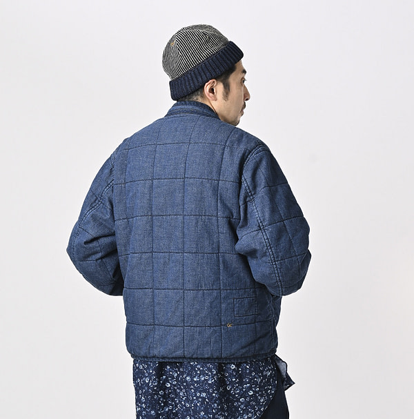 Indigo Distressed 45 Petite Denim x Atsu Nylon Stand Collar Blouson Detail