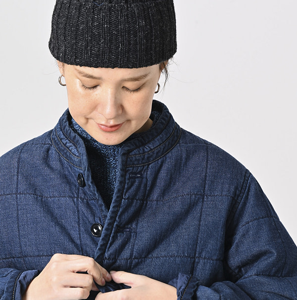 Indigo Distressed 45 Petite Denim x Atsu Nylon Stand Collar Blouson Detail