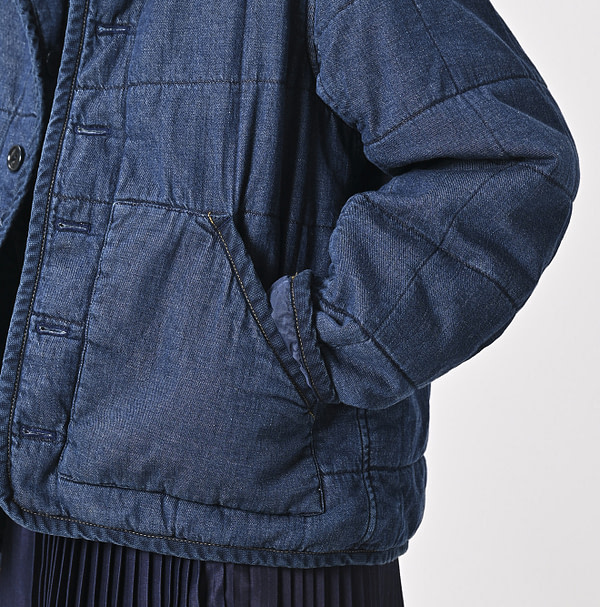 Indigo Distressed 45 Petite Denim x Atsu Nylon Stand Collar Blouson Detail