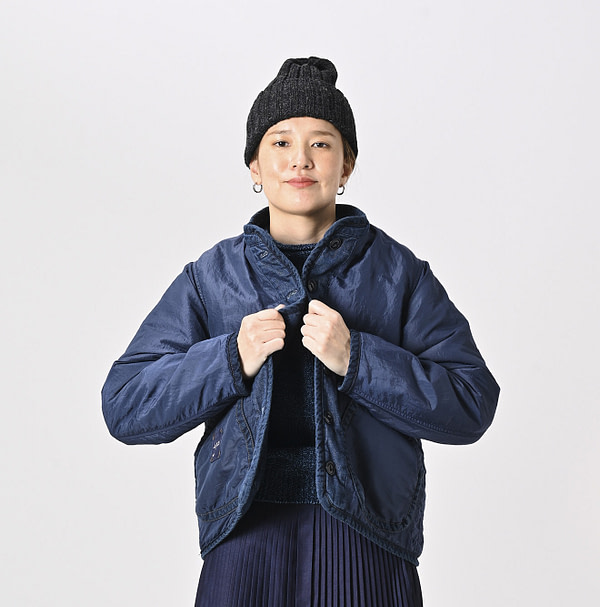 Indigo Distressed 45 Petite Denim x Atsu Nylon Stand Collar Blouson Detail