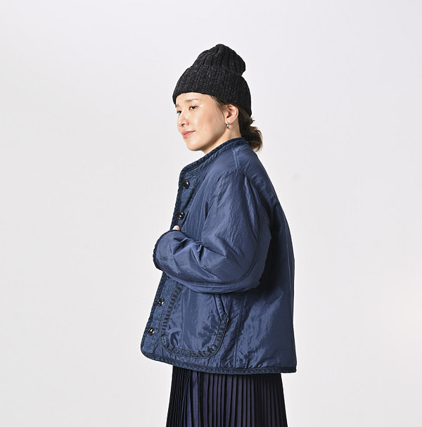 Indigo Distressed 45 Petite Denim x Atsu Nylon Stand Collar Blouson Detail